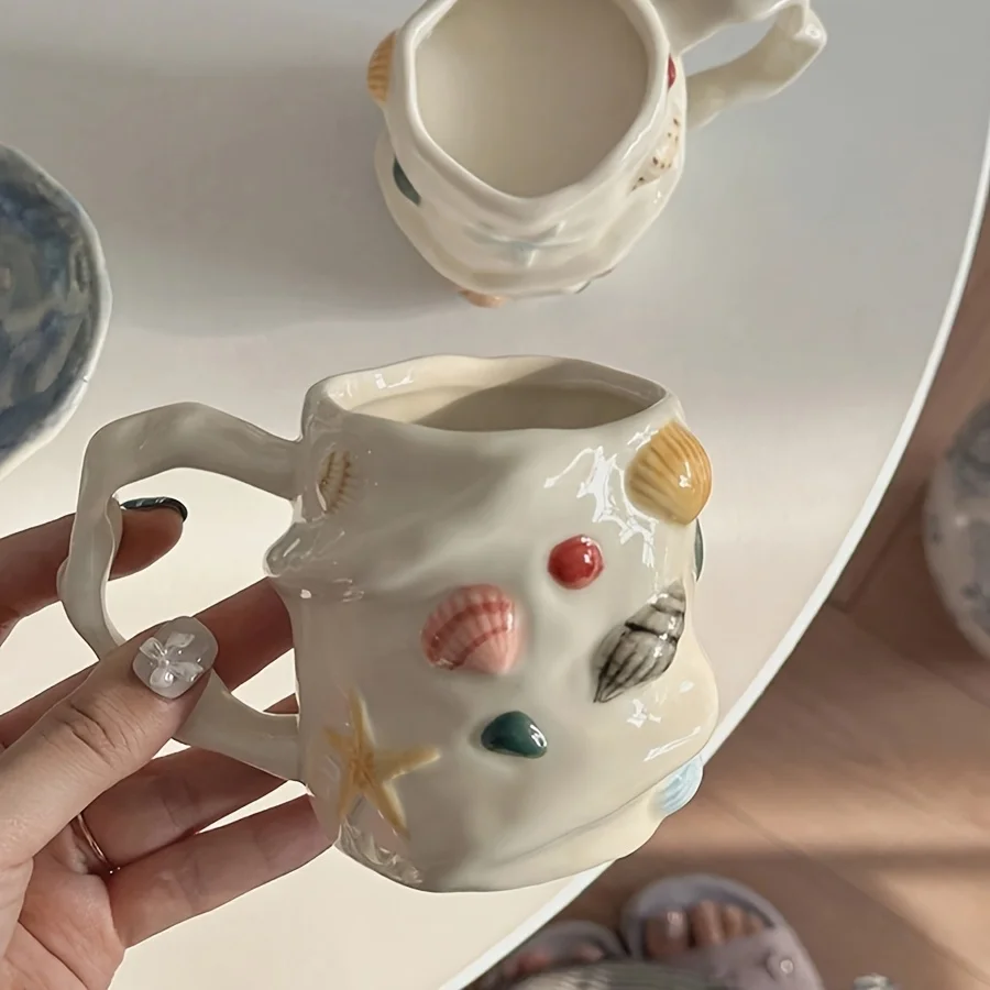 1/2pcs 300ml/10oz Creative Shell Pattern Ceramic Coffee Mug, Hand-painted Ceramic Tea, Matcha Cup, Beautiful Pattern Couple Cup