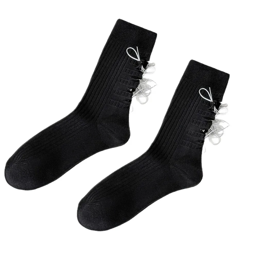 

Fashion Sweet Cotton Socks for Women Solid Color Hollow Out Mid Calf Socks Mid Tube Hosiery Ripped Lacing Socks Women