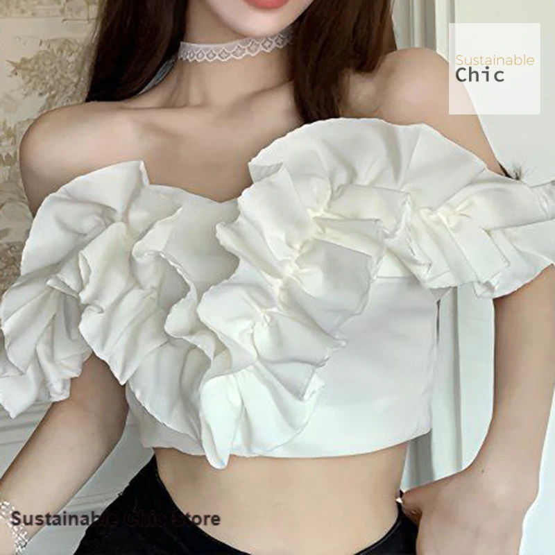 

French sweet spice girl design sense spice girl sexy ruffled female summer new sweet one-word off-the-shoulder slim short top