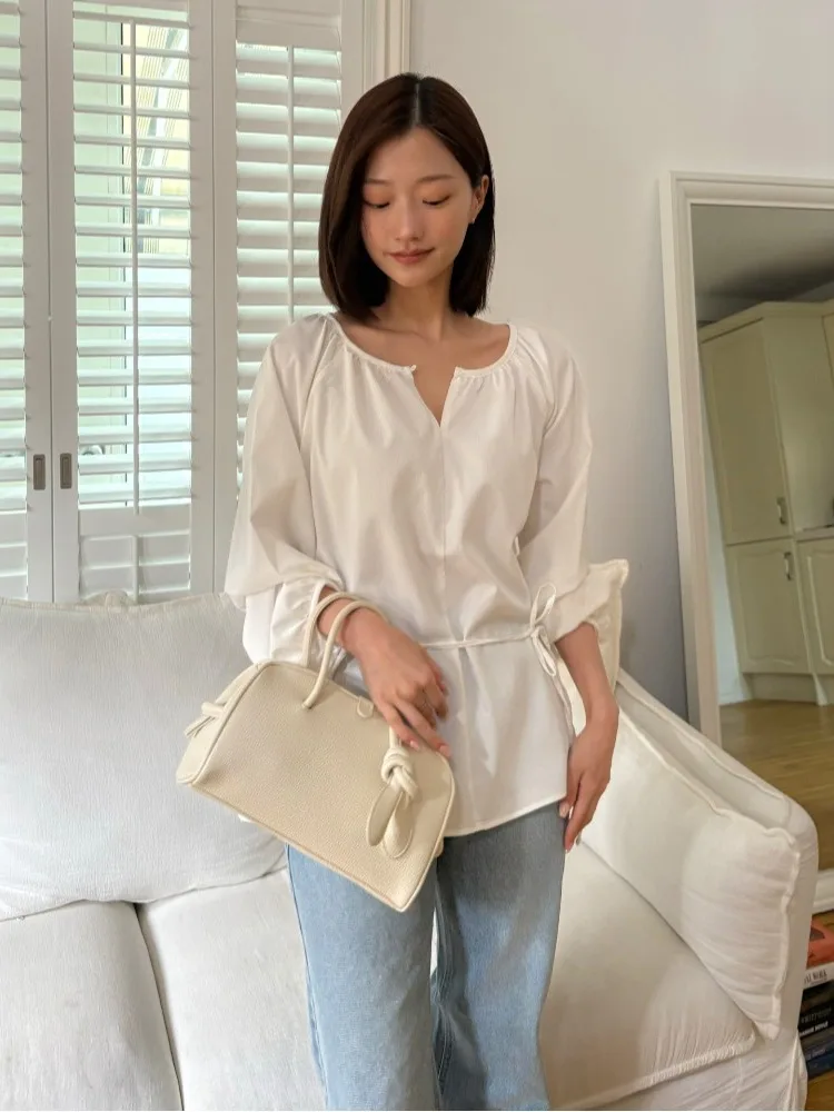 

Korean Sle Women's Loose Fit Sun Protection irt Vintage V-Ne Waist-Cinching Long Sve Top for Early Autumn