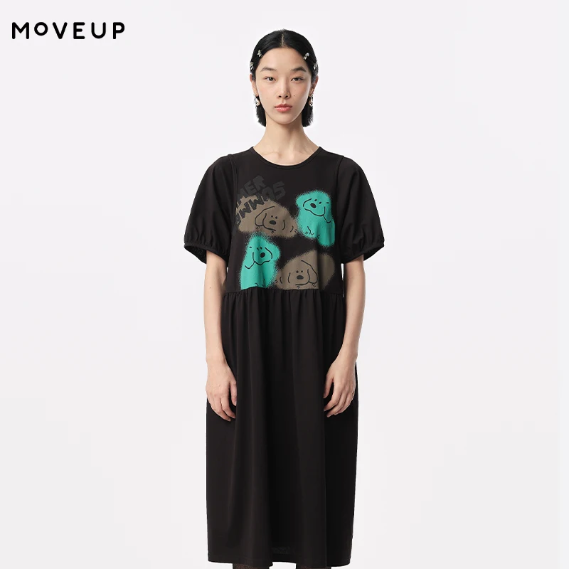 

MOVEUP Casual Short Sleeved Dress 2026 Summer New Puppy Print Splicing Pleated Hem Loose A-Line Office Knitted Dress 324211352
