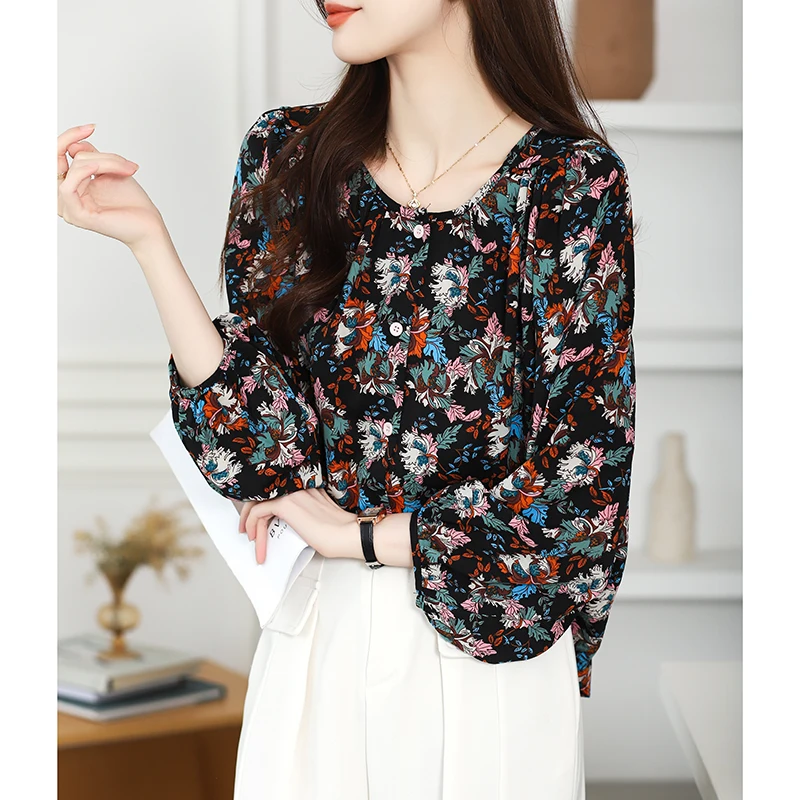 Women Spring Fashion Loose Sweet Floral O-neck Pullover Long Sleeve Shirts Women Clothes Casual All-match Office Lady Trend Tops