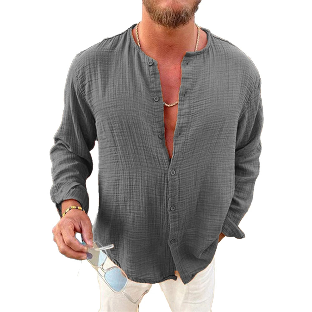 سترة علوية بياقة قائمة للرجال ، كتان قطني ، أكمام طويلة ، تي شيرت غير رسمي ، بلون ثابت ، تنفس ، قميص أنيق