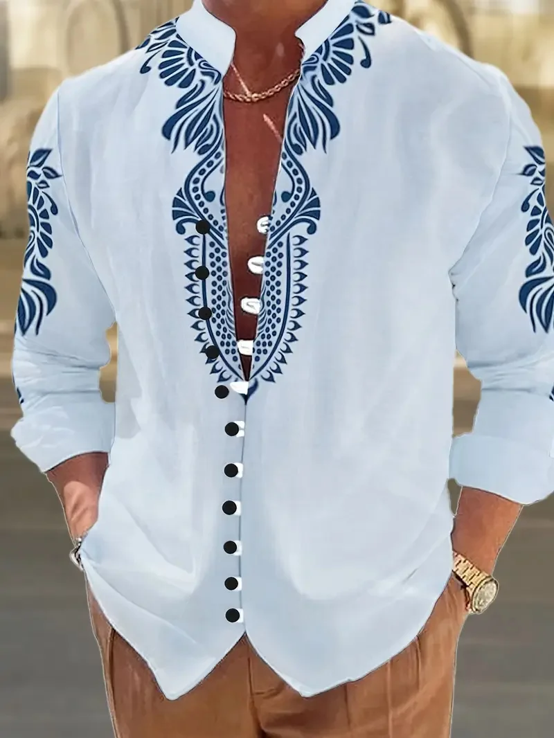 Henry Men's Shirt Ethnic Style 3D Printed Top Men's Casual Fashion Vintage Long Sleeve Shirt Men's Costume