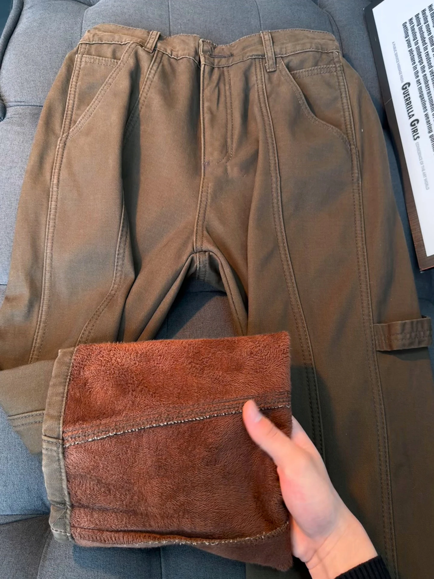 

Brown Fleece Lined Thick Winter Denim Jeans Men's Loose Straight Workwear Pants American Retro Style Low Waist Polyester Fiber