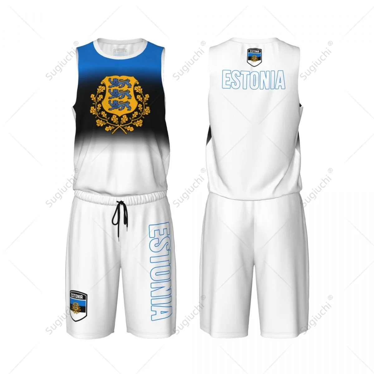 Men Estonia Flag Basketball Jersey Set Mesh Shirt & Pants Sleeveless Exclusive Team-up Custom Name Nunber Unisex