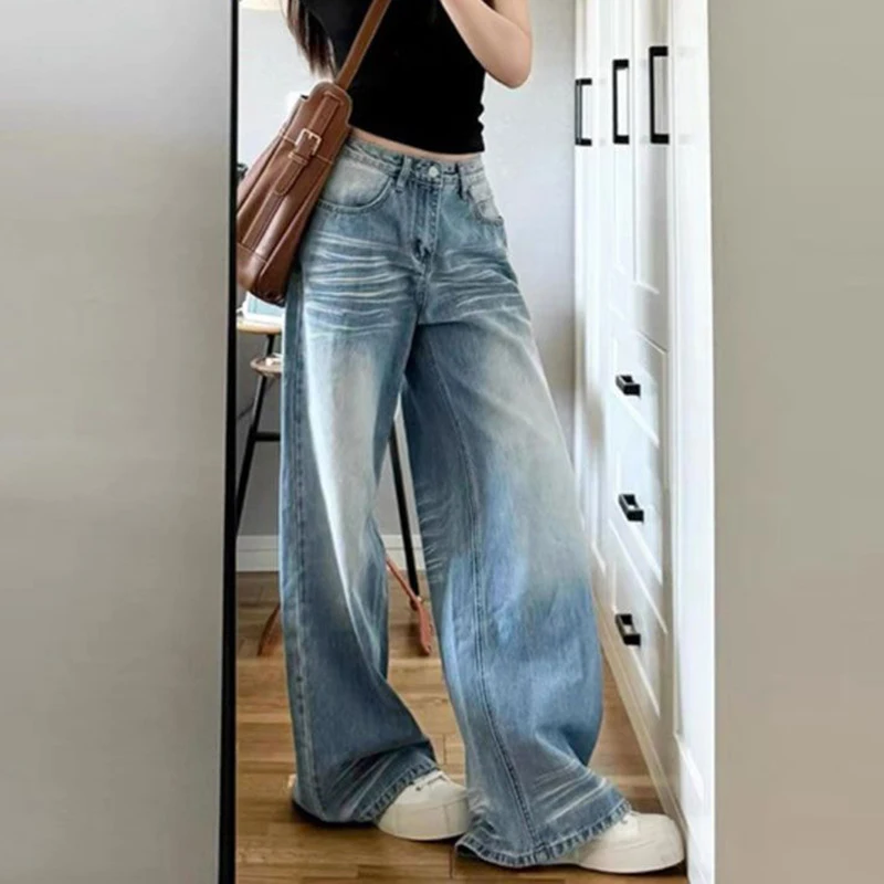 جينز مستقيم أزرق فاتح عتيق للنساء ملابس الشارع عالية الخصر واسعة الساق سراويل جينز امرأة أمريكية فضفاضة السراويل الإناث