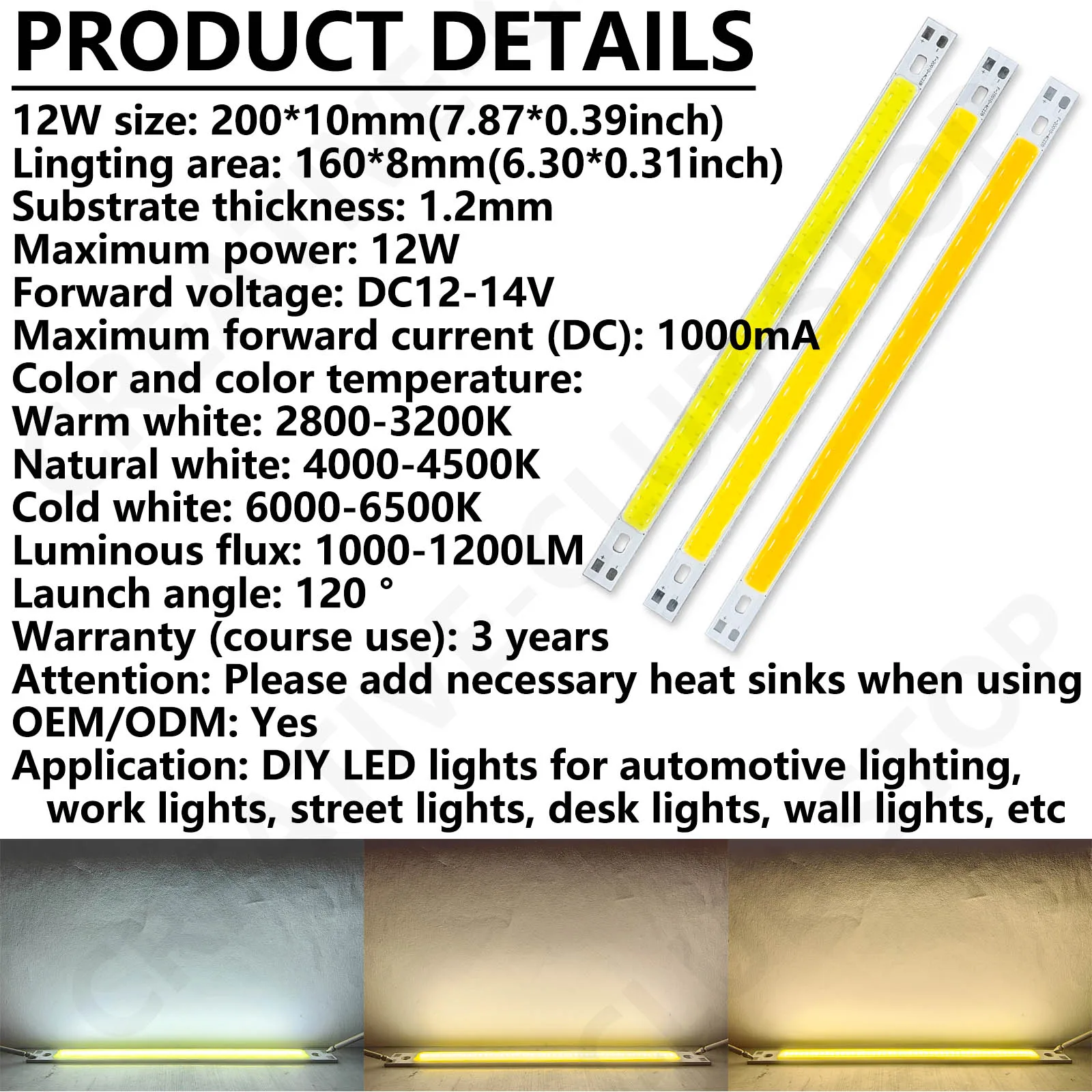 6W 12W 120*10mm 200*10mm LED COB Light Source DC12-14V Warm Natural Cold White 400mA 1000mA Light DIY LED Strip Chip Module Bulb