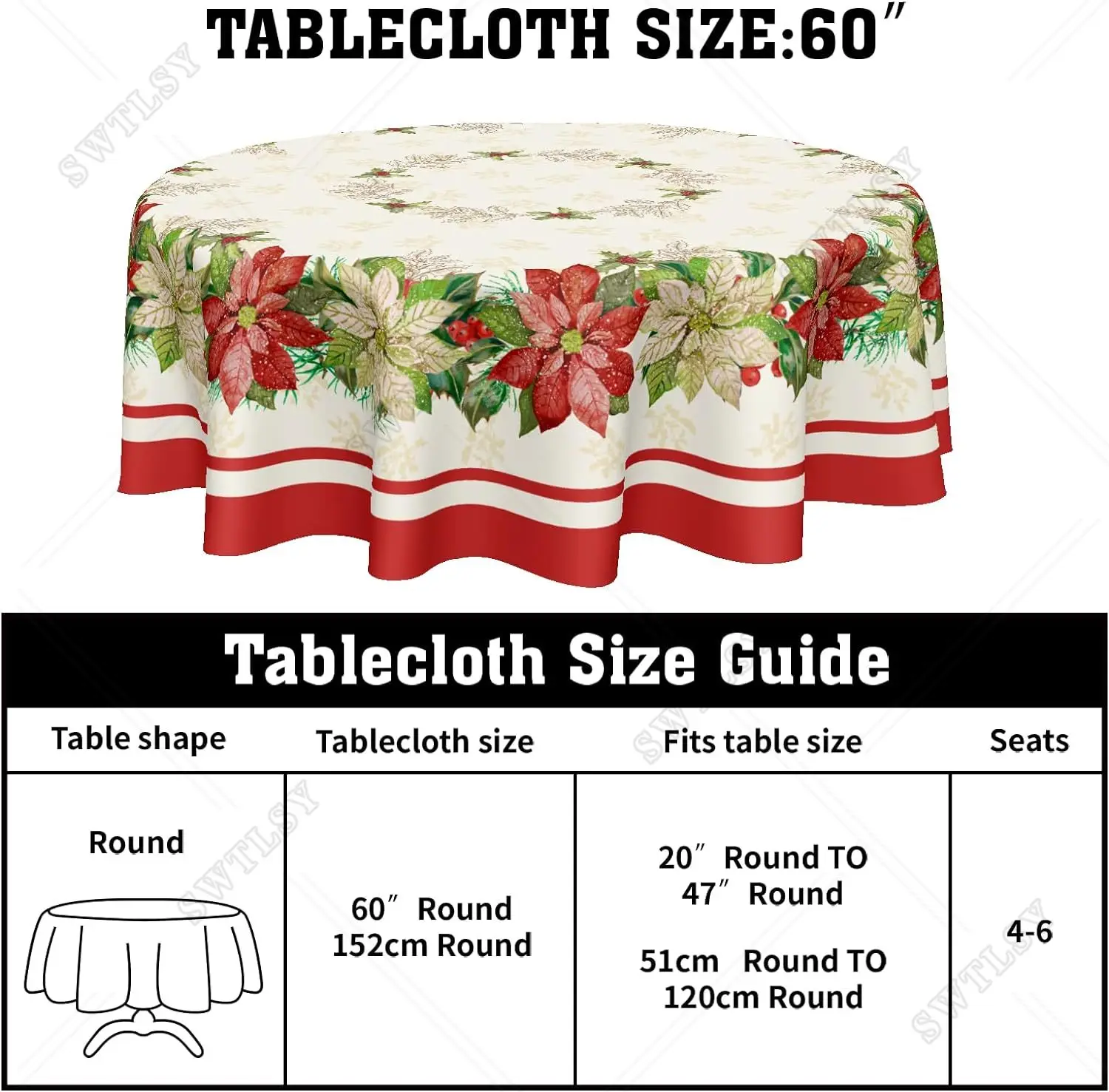 Christmas Round Tablecloth Red and White Christmas Floral Leaves Table Cloth Winter Xmas Farmhouse Polyester Table Cover