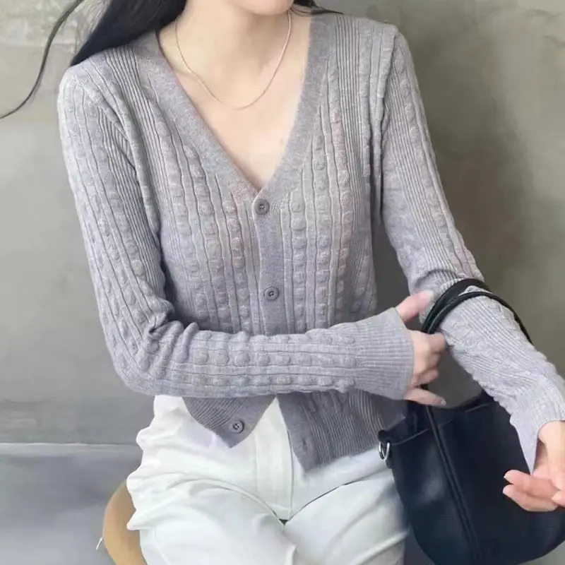 2023 Women\'s Clothing Temperament Knitting V-neck Long Sleeve Solid Color Buttons Casual Korean Fashion Loose Sweet Sweaters