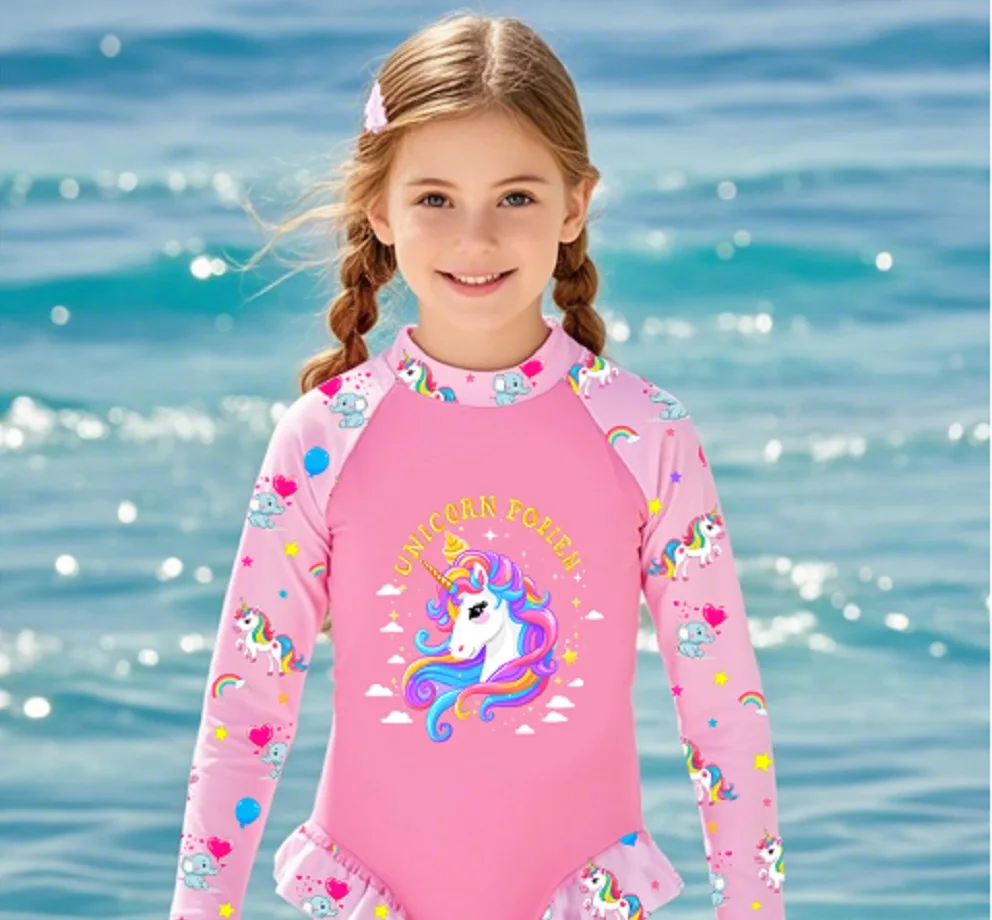 Girls Swimwear Long Sleeve Ruffle Swimsuit Kids Hawaiian Bathing Suit Cute Unicorn Swim Costume for Surfing