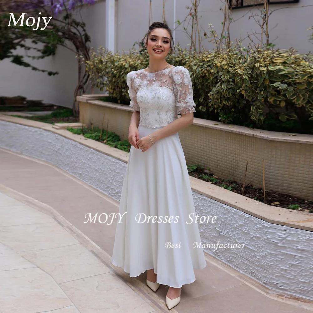 Mojy clássico vestido de casamento noiva mangas curtas colher pescoço miçangas apliques bolso uma linha vestido de noiva robe mariee tornozelo-comprimento