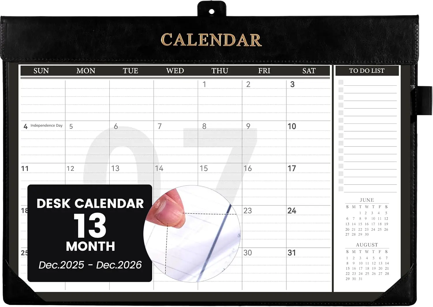 

2026 Desk Calendar 13 Months with To-Do Lists, Pen Holder, PVC Cover, 17x12, Black