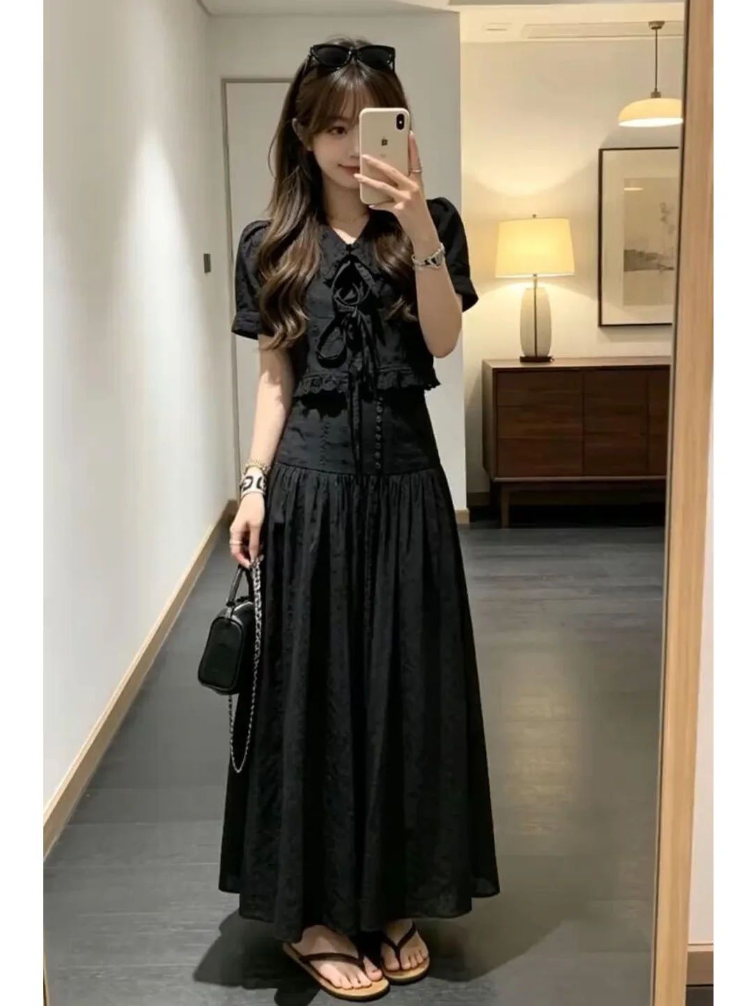 

Hebe Style Black Shirt Collar Short Sleeve Lace Trim Short High Waist A-Line Skirt Long Skirt Set Women's Fashion Summer...
