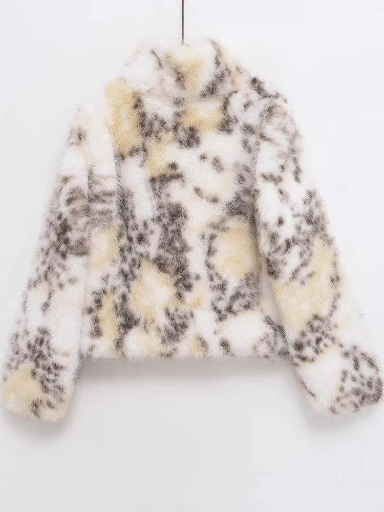 خريف 2025 جديد ليوبارد طباعة الوقوف طوق ort Plu تأثير الفراء الاصطناعي Jaet المرأة خمر فضفاضة تناسب معطف طويل Sve #3