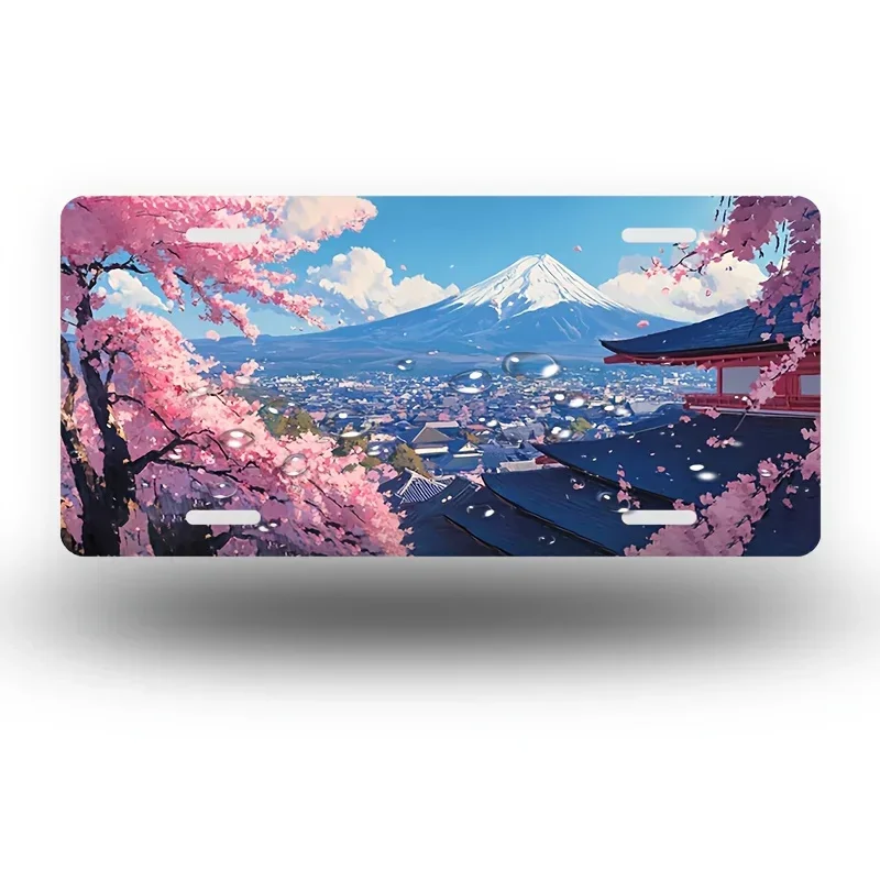 2D Flat,Mount Fuji with Cherry Blossoms and Cityscape Front License Plate, Aluminum License Plate Covers & Frames,Funny Stand