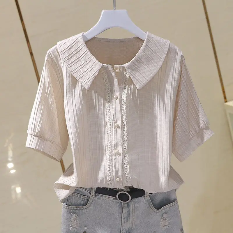 2024 New Summer Bohemian Retro Casual Loose Office Lady Women's Shirt Solid Color Chiffon V Neck Short Sleeve Button Chic Tops