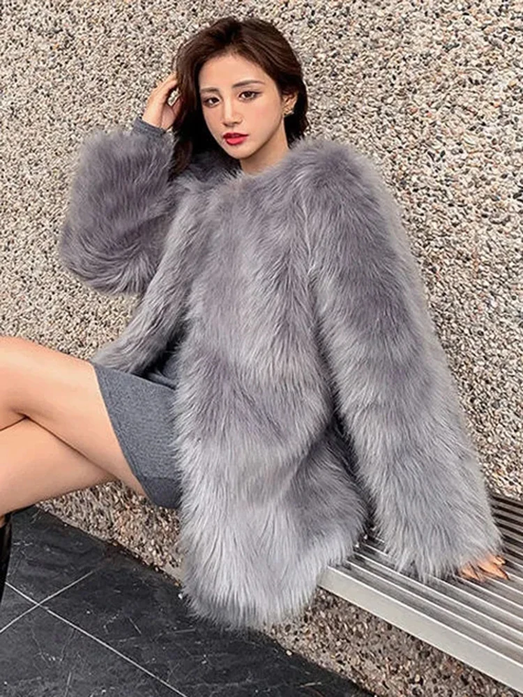 Thicken Mid-length Faux Fur Overcoats Winter Warm Furry Jacket Korean Fashion Plush Jaqueta Feminina Loose Fox Furs Chaquetas