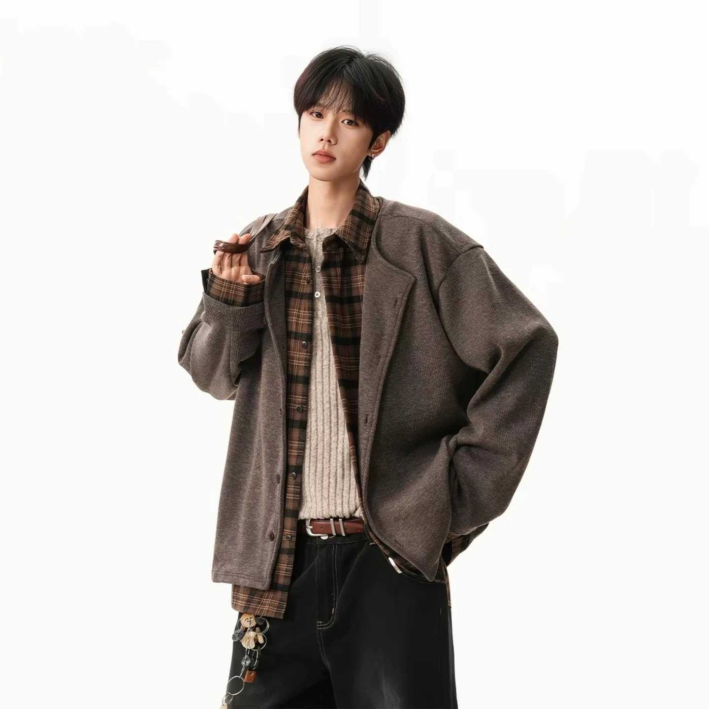 

Old Money Style Plaid Splicing Knitted Baseball Jacket Men's Loose Fit Open Cardigan Autumn Trendy Design Casual Outerwear