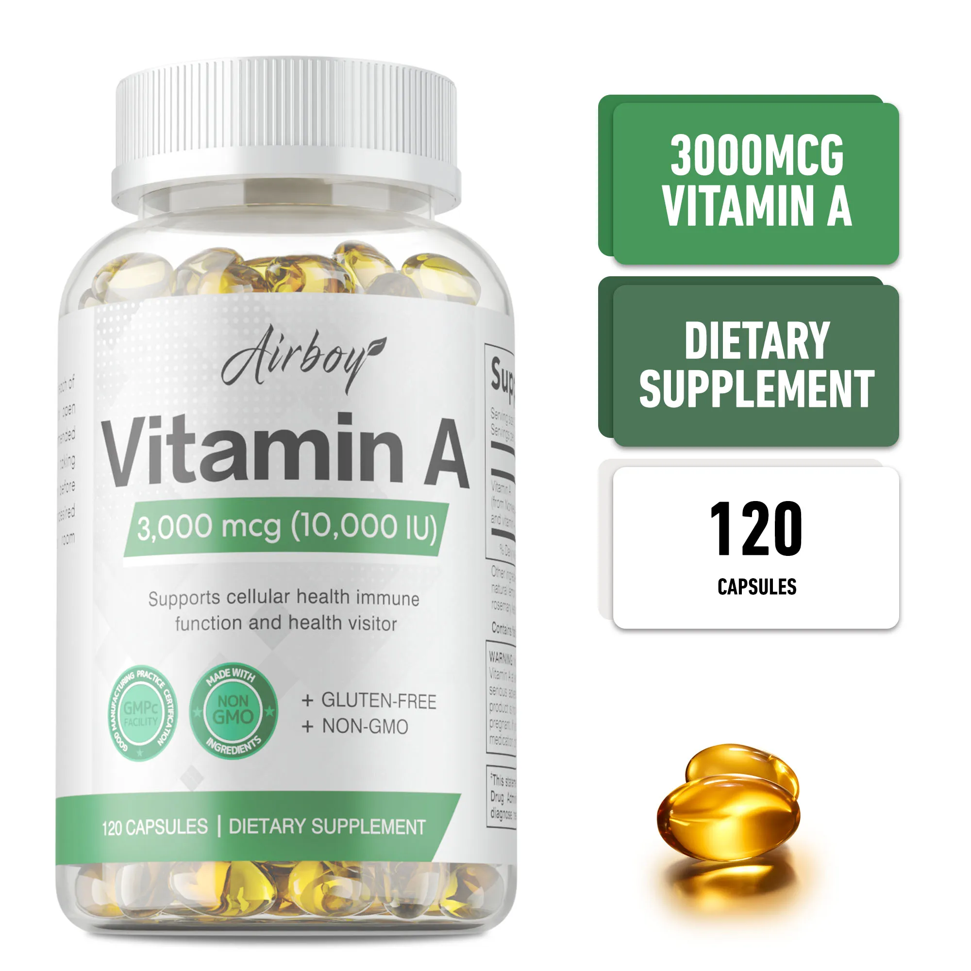 

Vitamin A Capsules 3000mcg - Antioxidant, Supports Healthy Skin & Eyes, Improve Vision, Boost Immunity, Promote Growth, Non GMO