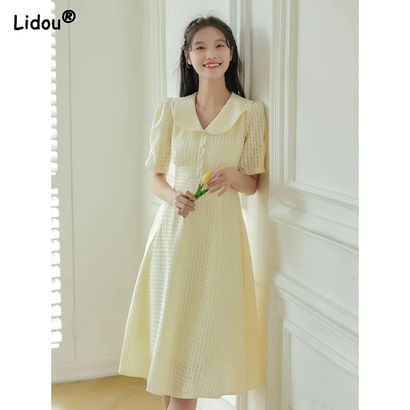 Pearl Buttons Puff Sleeve Preppy Style Knee-length Dresses Summer Peter Pan Collar Solid Pullover Women's Clothing Small Fresh