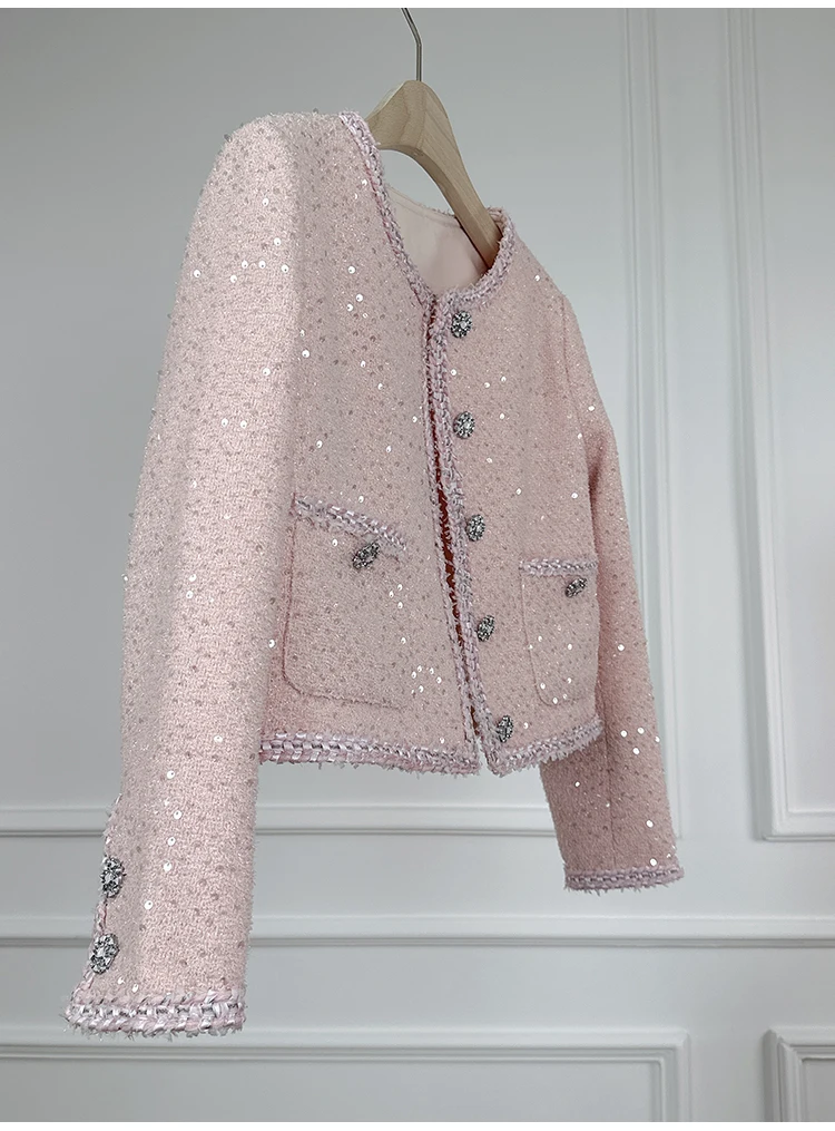 Autumn and Winter Elegant Temperament Heavy Industry Age-reducing Sweet Tops Gentle Style Lace Bling Shining Chanel Style Jac