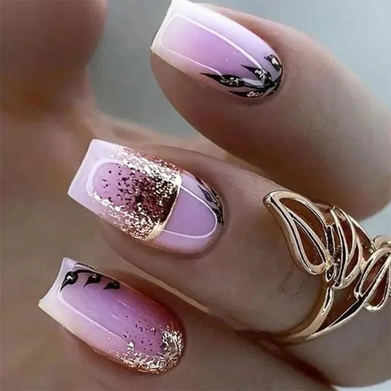 24Pcs Short Purple False Nails Leaf with French Design Gold Foil Wearable Fake Nails Coffin Ballet Full Cover Press on Nail Tips