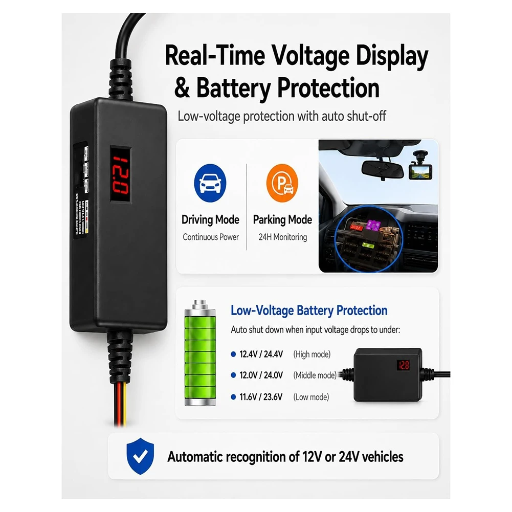Dash Cam Hardwire Kit, 12V/24V Fuse Tap Adapter with Low Voltage Protection Compatible with Most USB-C Dash Cams
