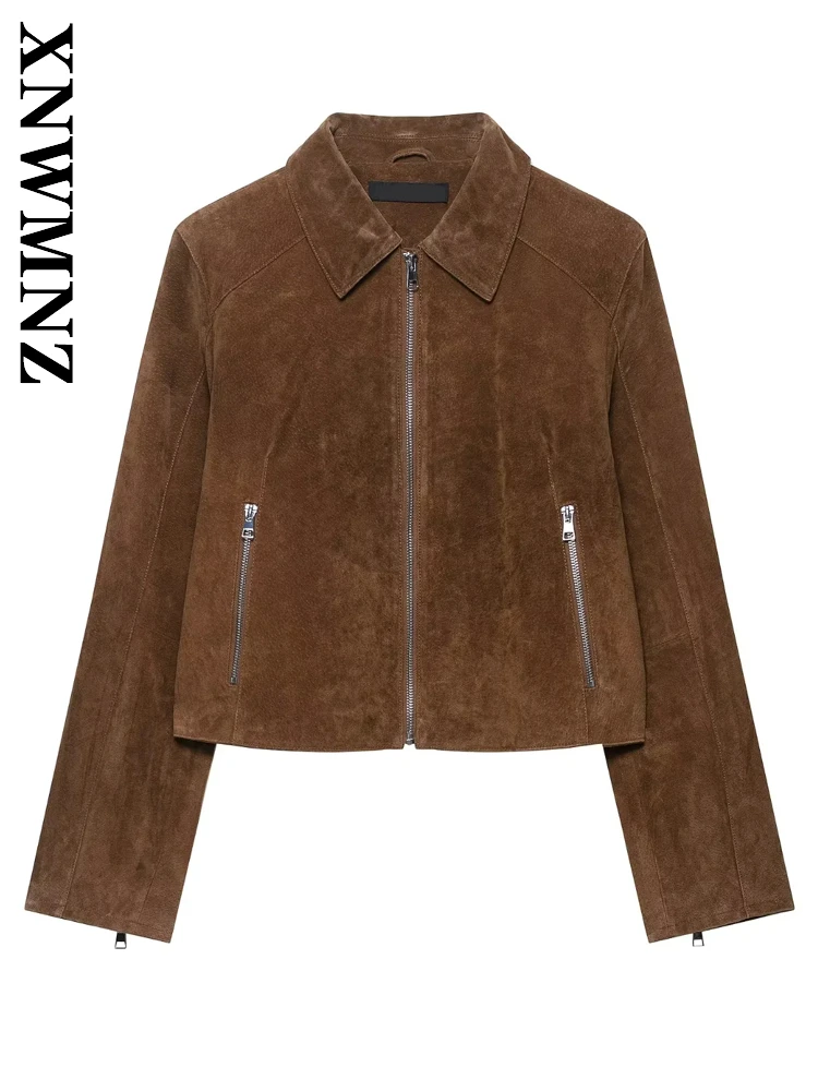 

XNWMNZ 2025 Autumn Woman Vintage Commuting Turn-down Collar Leather Jacket Simple Fashion Women Clothing BROWN Casual Outerwear