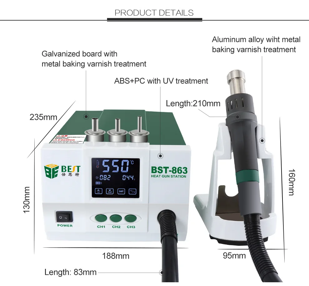 BST-863 Hot Air Gun Desoldering Station ดิจิตอลจอแสดงผล LCD Thermostat Anti-Static Hot Air Gun