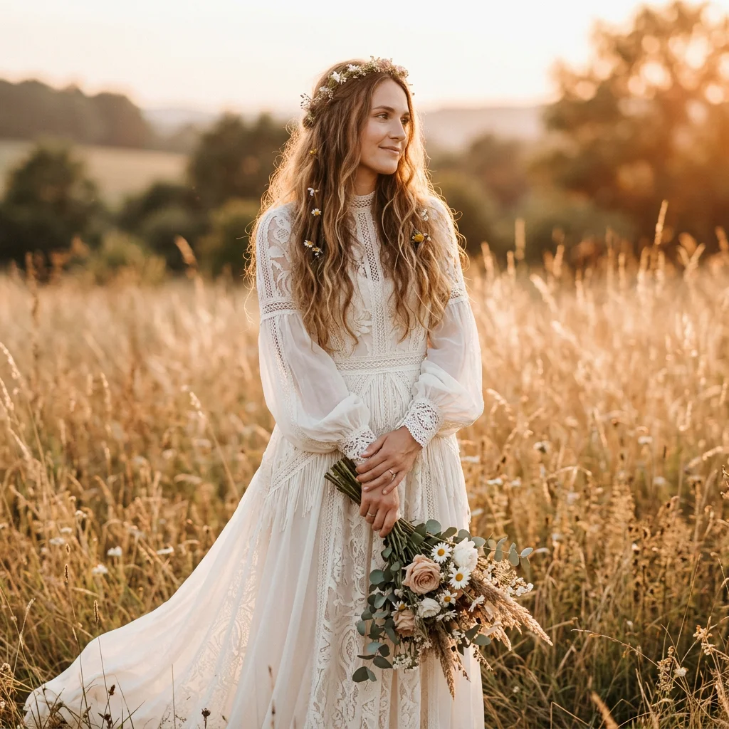Bohemian High Neck Puff Sleeve Lace Wedding Dress Crochet Trim Prairie Bridal Gown