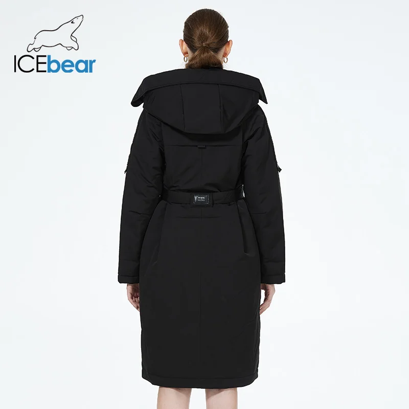 ICEbear 2023 New Winter Womens Jacket with Hood Warm Thickened Coat Windproof Parka With Belt GWD22599I