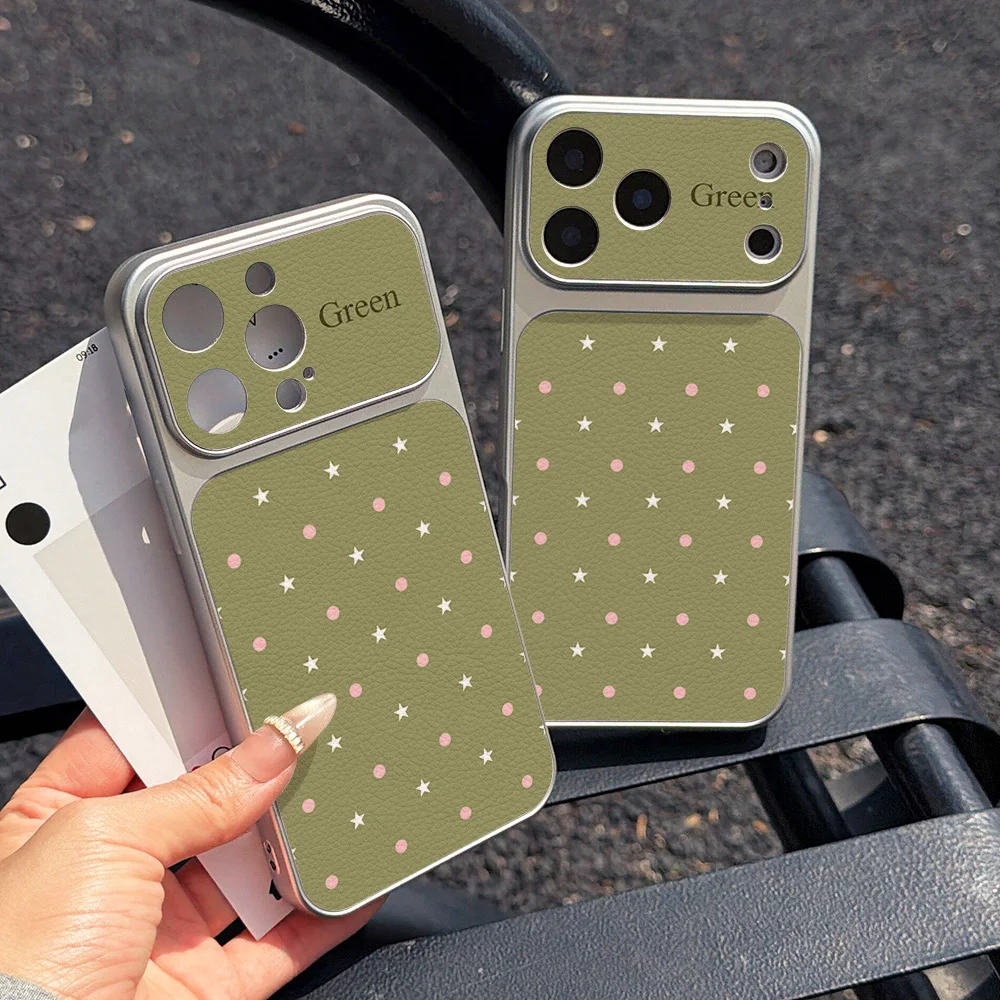 Forest Green Leather Phone Case For iPhone 18 Pro Max Case iPhone 17 16 15 14 13 12 11 Pro Max Stars Polka Dots Shockproof Cover