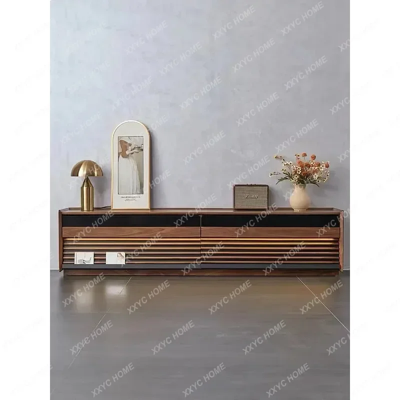 XX Japanese Black Walnut Solid Wood TV Stand with LED Lights Floating Console for Small Living Room Bedroom