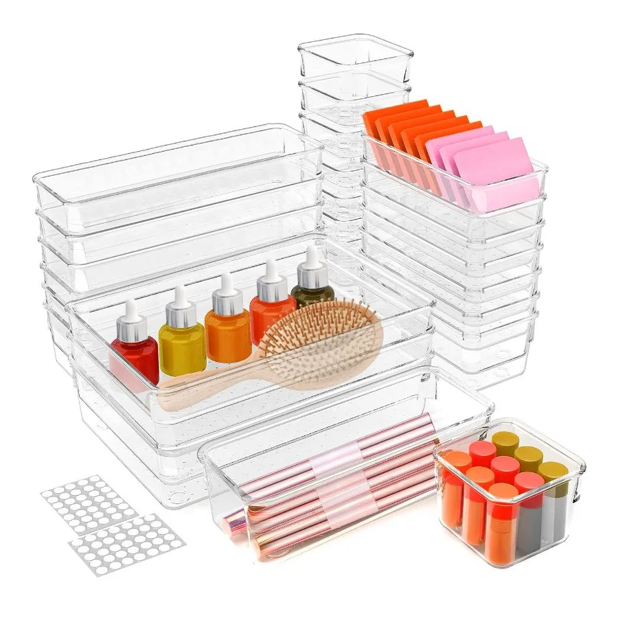 

25Pcs Clear Plastic Drawer Organizers Set 4 Sizes Desk Drawer Dividers Trays Storage Bins
