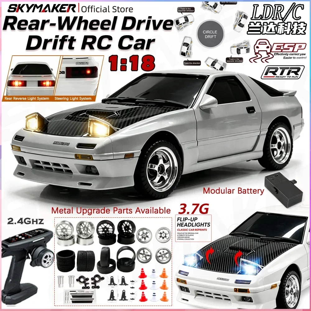 New LDRC LD1802 1/18 RX7 FC3S RWD RC Drift Car 2.4G ESP Gyro Flip LED Lights RTR Simulation Racing Model Toy Gift for Adults