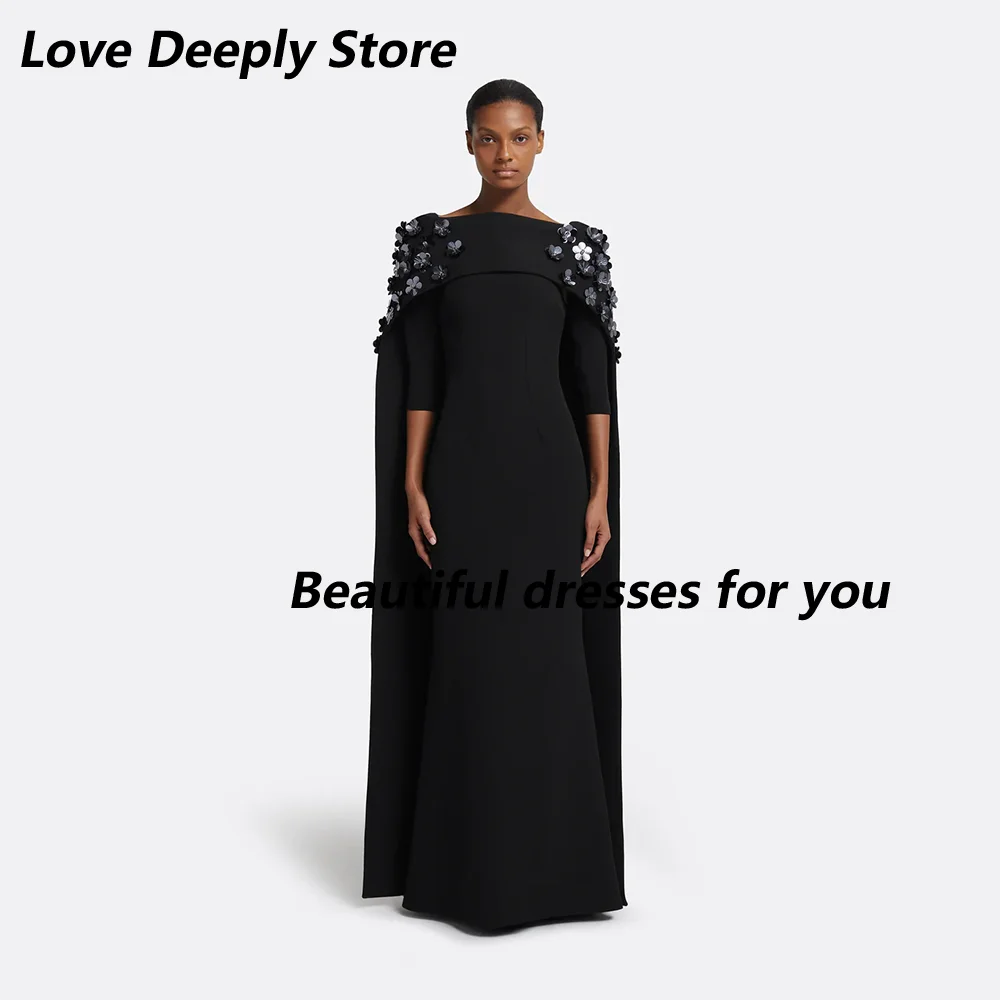 

Black Wedding Guest Dresses for Women 2025 Boat Neck Half Sleeves Sequin Flowers Party Gowns Long Shawl Evening Dress Customized