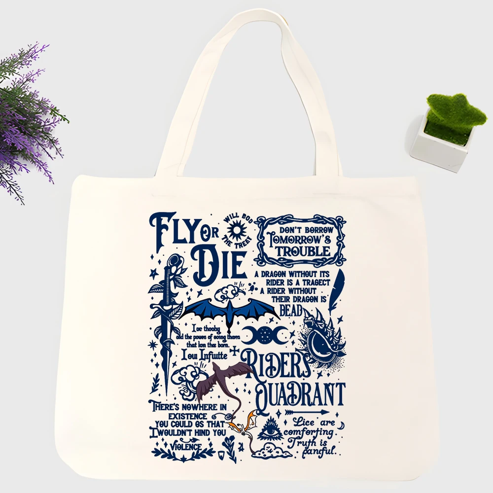 Men's fantasy creature and slogan-style graphic canvas tote bag, vintage style for daily shopping and casual outings