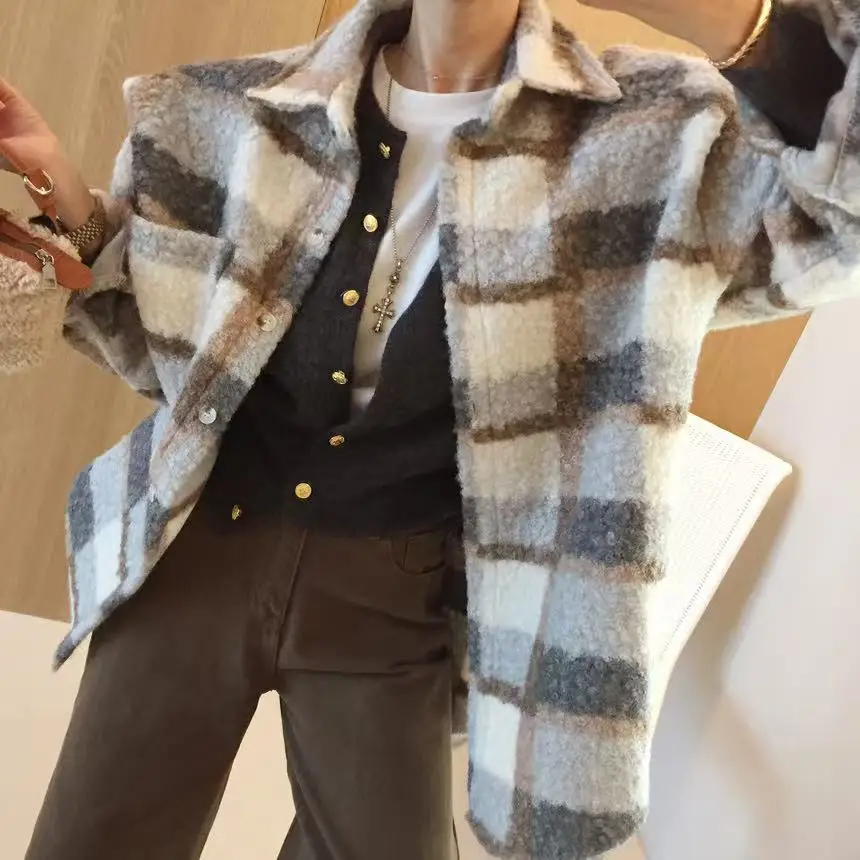 

Women's Woolen Coat Chic Winter New Faion Retro Hong Kong Sle Loose Thi Long Sve irt Korean Version Cheered Pattern