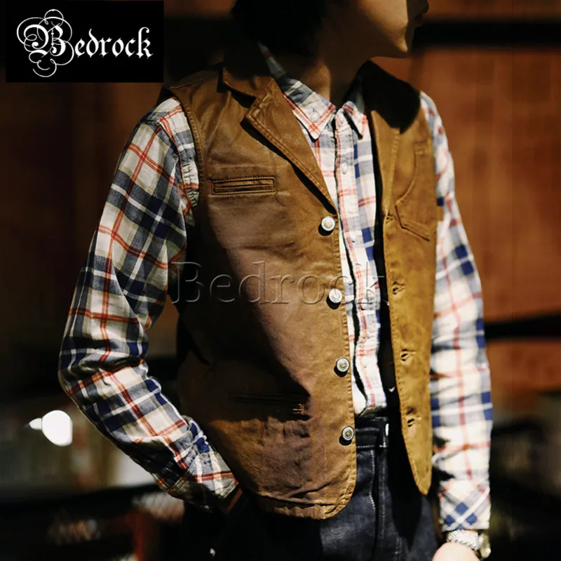 MBBCAR 10oz selvedge denim manual PU vest for men 100 Cotton Amekaji Brown waterproof vinatge V-Neck Hunting vest Bukleback 3090