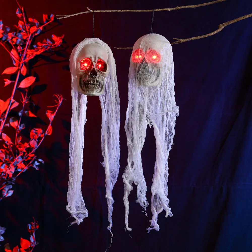 

Glowing Ghost Head Gauze Skull White Ghost Hanging Ghost Halloween Ornaments Haunted House Party Decoration Props