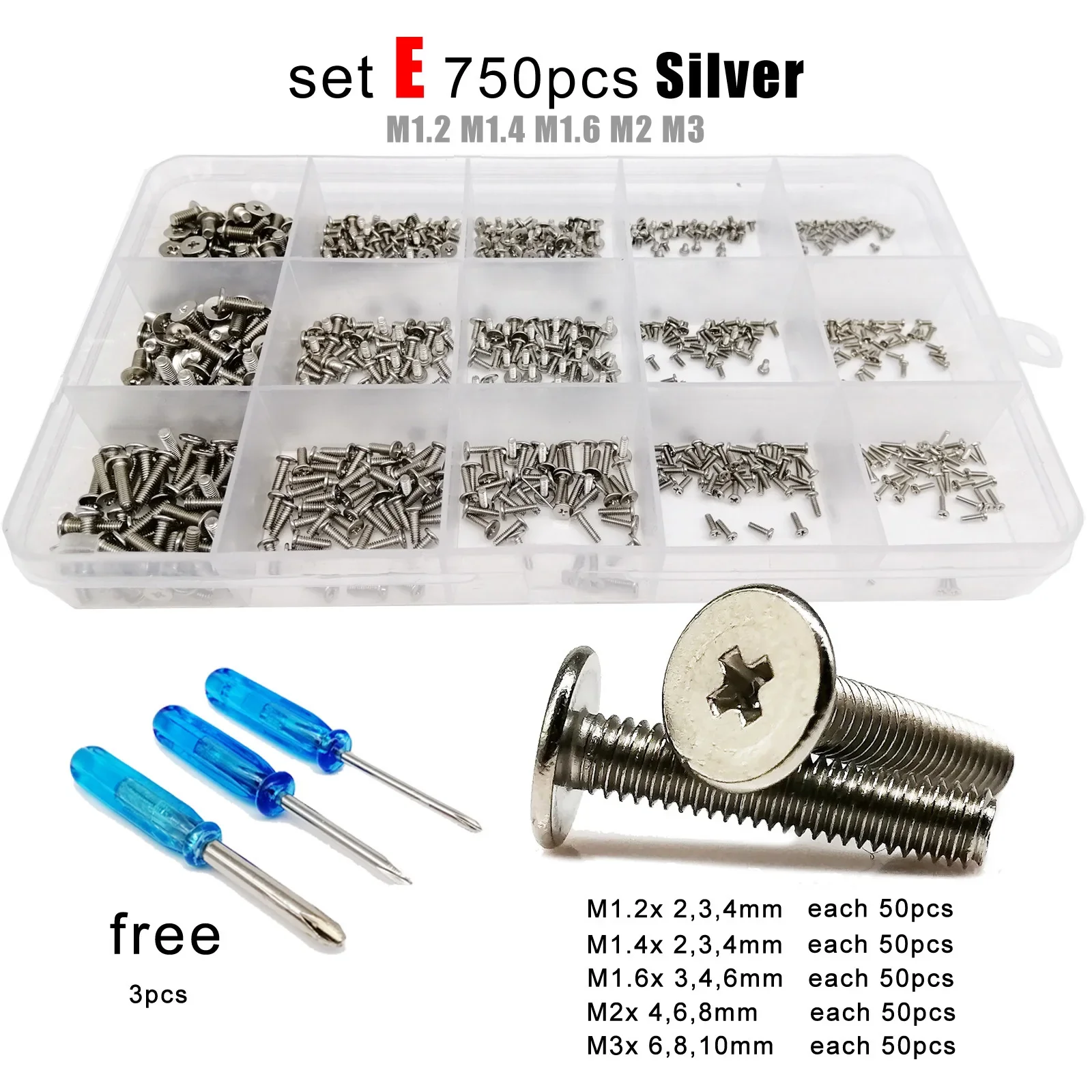 

500/750pcs M1.2 M1.4 M1.6 M2 M3 Mini Micro Phillips Thin Wafer Flat Head Screw Bolt for Laptop Phone Glasses Set Assortment Kit