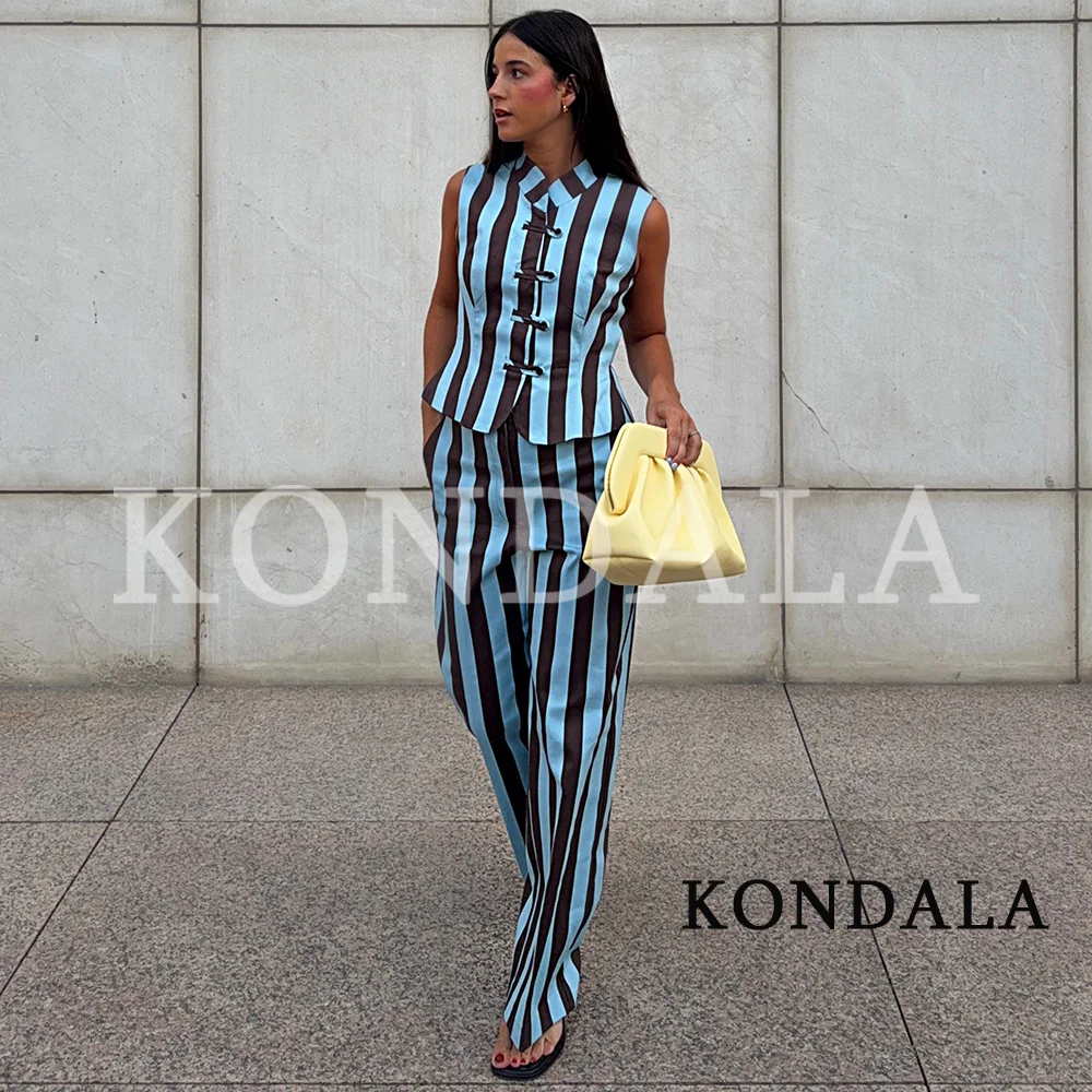 KONDALA Women Chic Contrasting Striped Pants Suit 2026 Summer Trendy Holiday Leisure Set Elegant Rope Buttons Vest, Long Pants