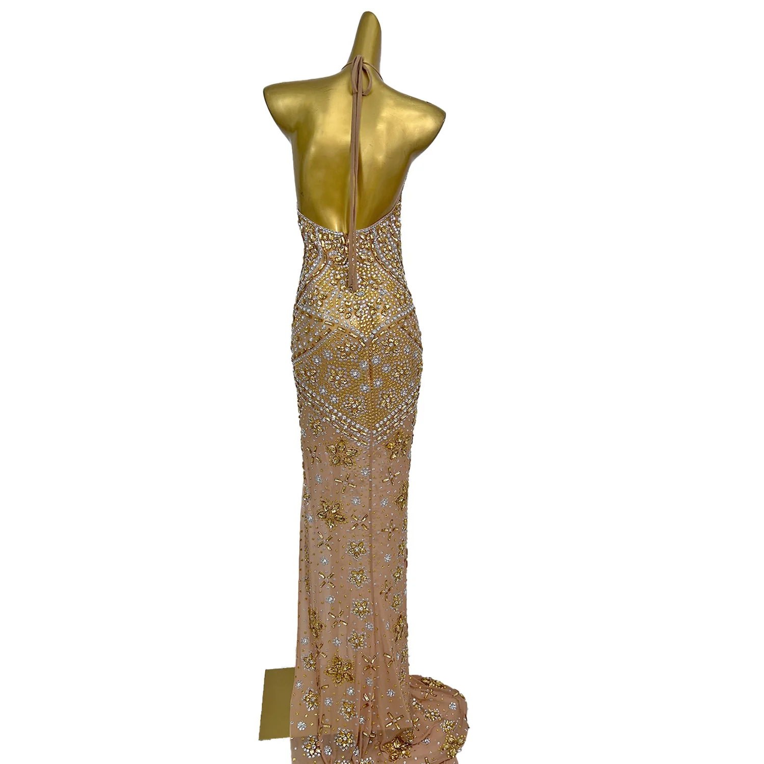 Xiaoxianghua Sexy V-hals Backless Avondjurk Gouden Strass Transparante Mesh Hals Hangin Verjaardag Cocktail Party Jurk