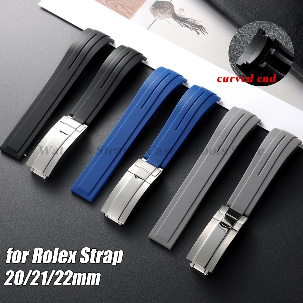 Curved End Rubber Watch Strap 20mm 21mm 22mm Silicone Watchband for Rolex Green Water Ghost Folding Buckle Waterproof Bracelets