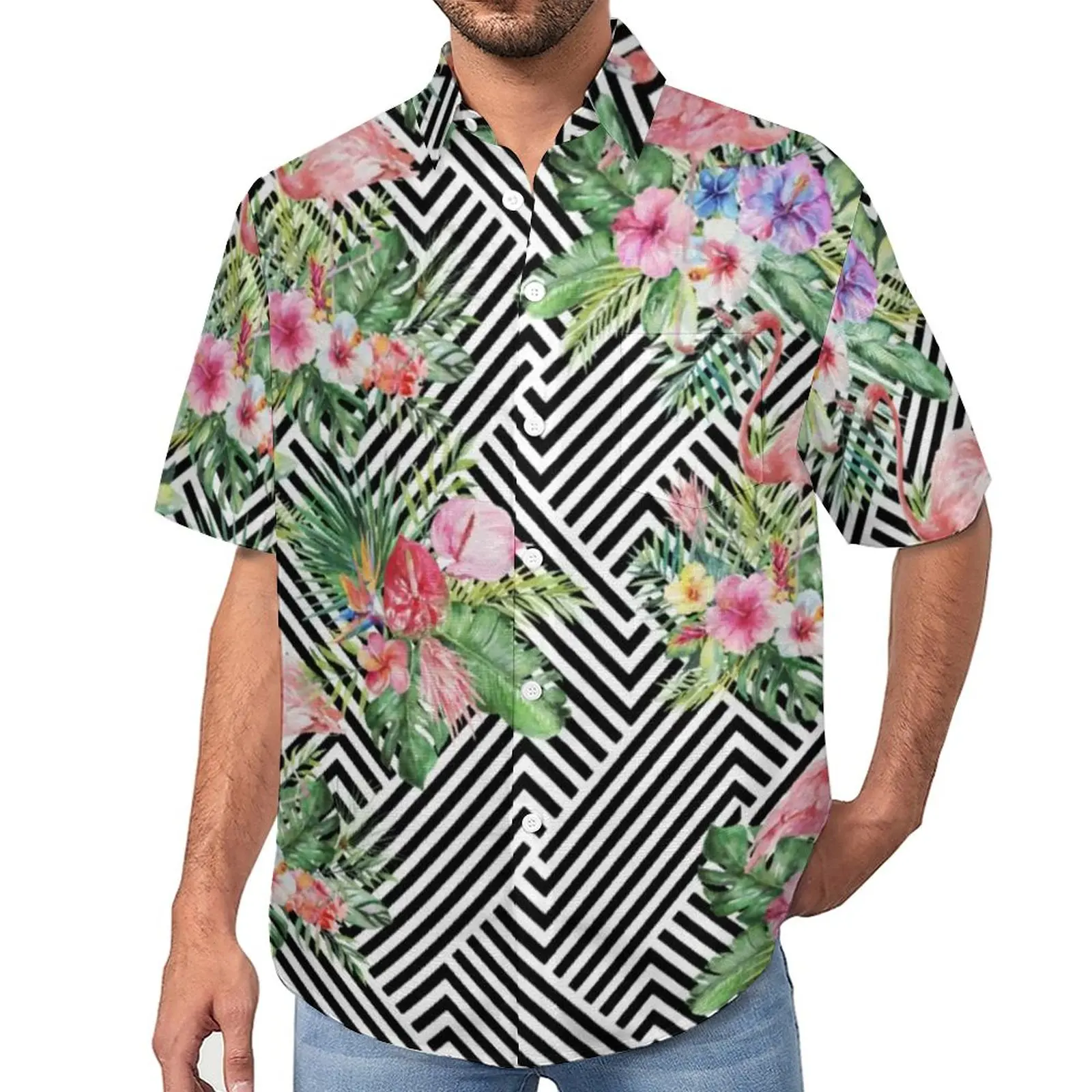 

Tropical Flamingo Loose Shirt Mens Vacation Geometric Floral Casual Shirts Hawaiian Short Sleeves Vintage Oversized Blouses