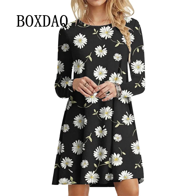 Elegante Frauen Kleid Festival Party Weihnachten Baum Kleid Weihnachten Schneeflocke Drucken A-Line Kleid Herbst Casual Langarm Kleid femme