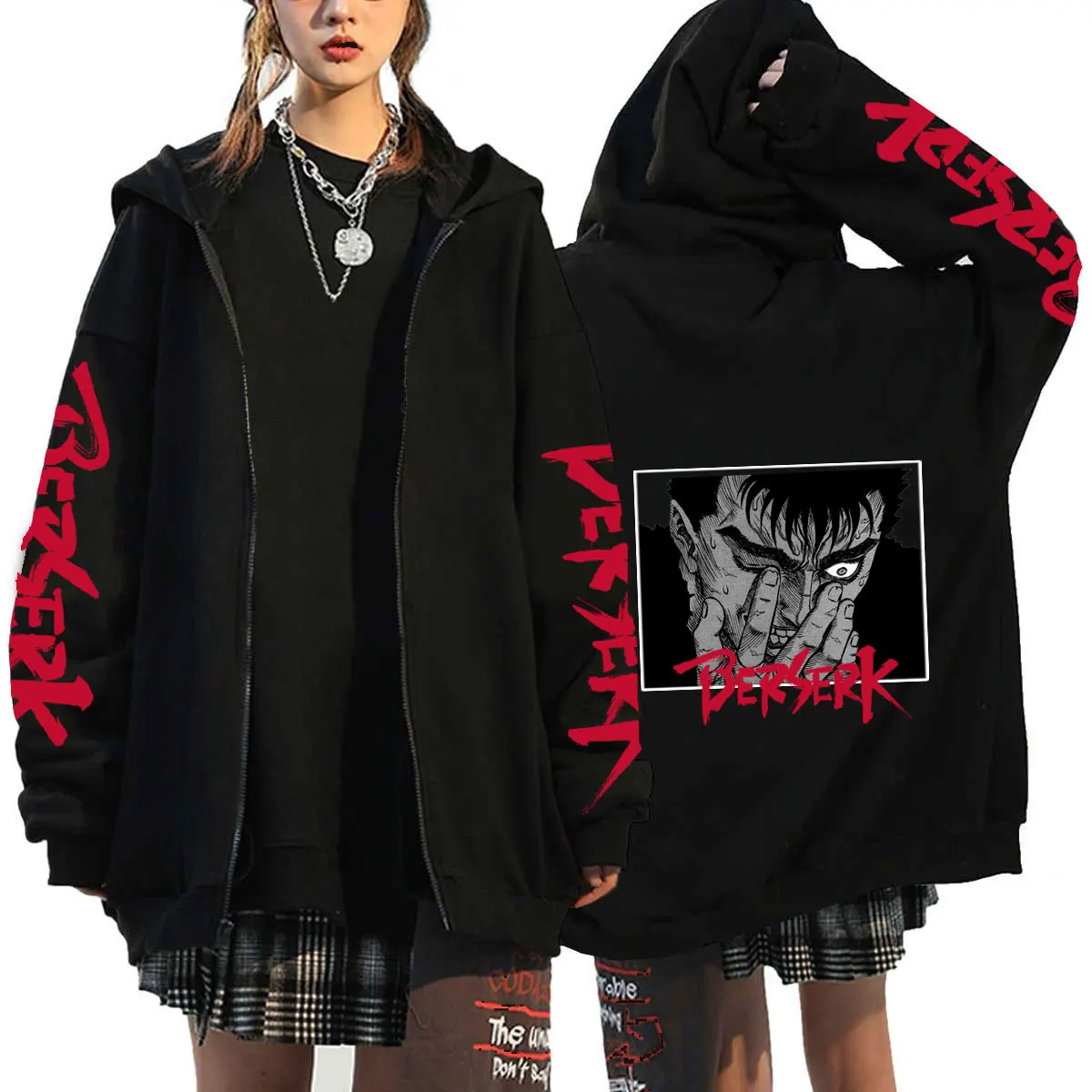 Japan Anime Berserk Harajuku Guts Eyes Manga Zip Hoodies Sweatshirt Gothic Winter Pullover Fashion Long Sleeve Men Sweatshirt