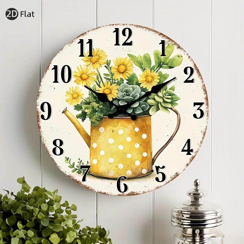 A Silent Wooden Wall Clock - Featuring a 2D Round Design with a Pattern of Yellow Daisies And a Polka Dot Watering Can, Suitable for Decorating Living Rooms, Kitchens, Bedrooms