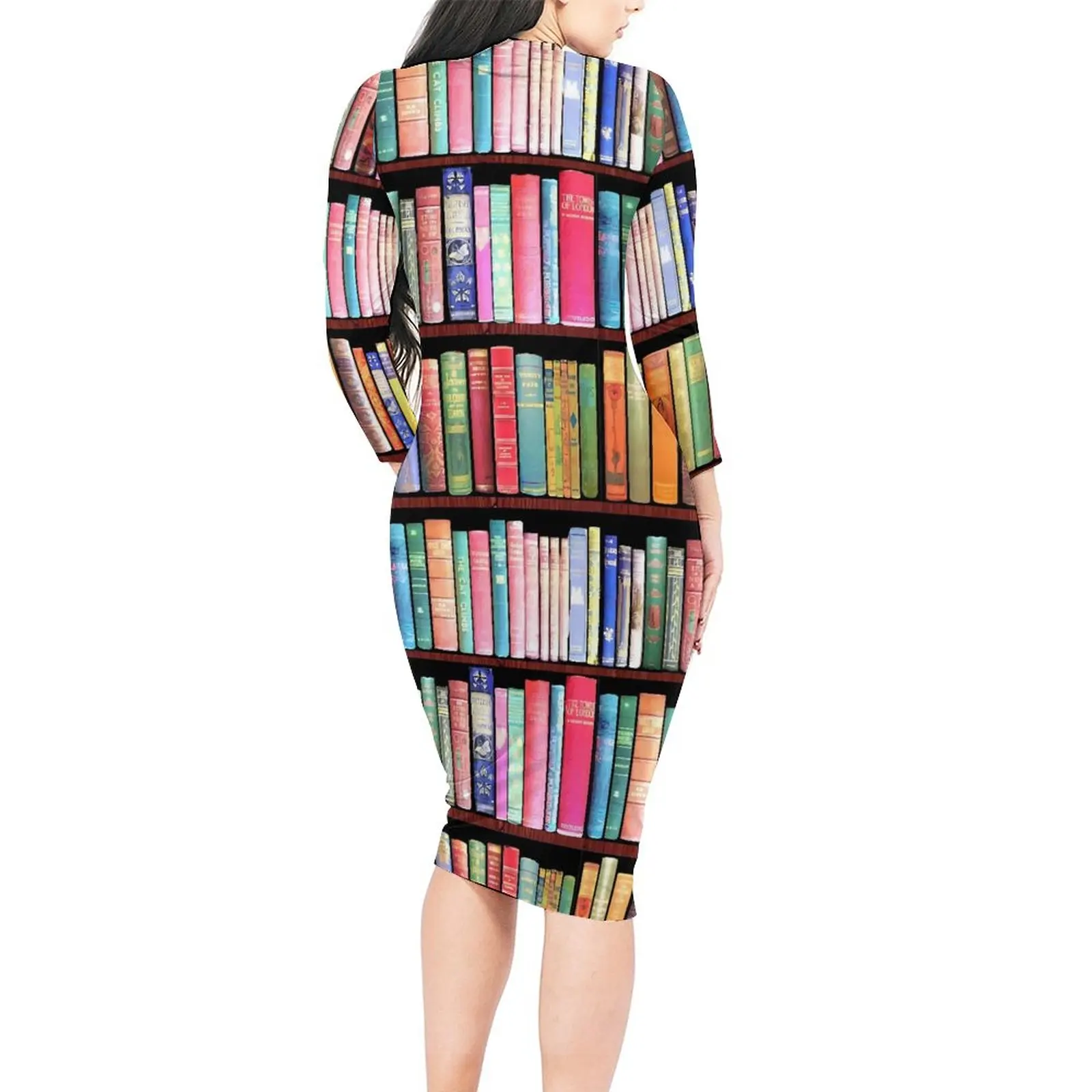 Library Print Bodycon Dress Spring Vintage Book Shelf Elegant Dresses Woman Long Sleeve Pattern Street Fashion Dress Large Size